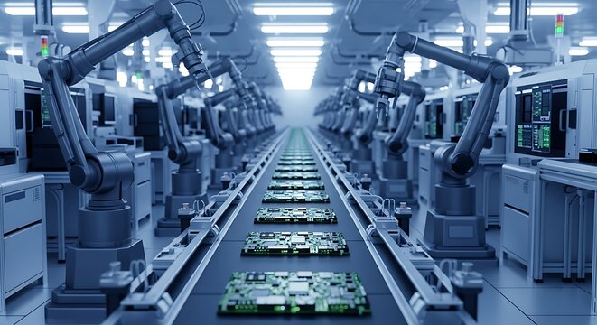 Advanced robotic arms meticulously assembling intricate electronic circuit boards on a high tech automated production line