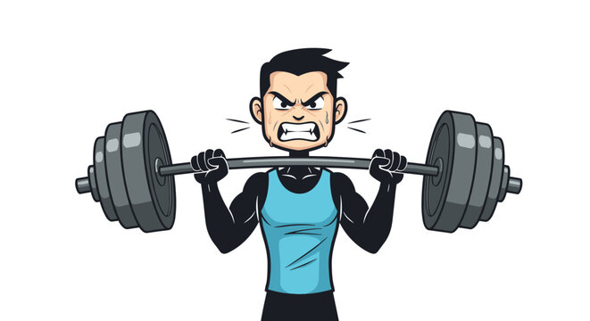 An animated man strains to lift a heavy barbell with weights while working out at the gym.