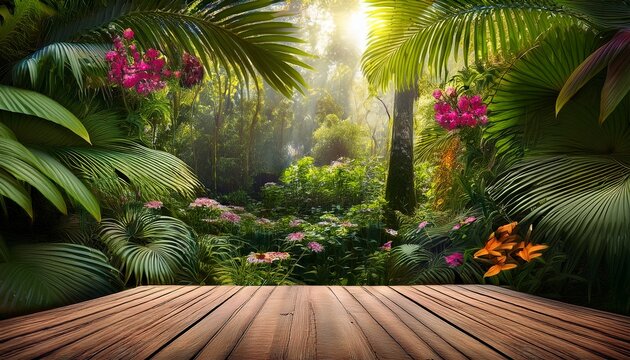 jungle clearing a wood platform nestled among lush colorful flora in sun dappled foliage