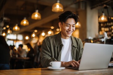 Smiling Asian entrepreneur working on laptop in a cozy cafe setting with warm lighting, concept for remote work, freelance lifestyle and digital nomad