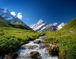 mountain stream flows thru a lush valley towards snow capped peaks under a clear blue sky