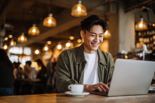 Smiling Asian entrepreneur working on laptop in a cozy cafe setting with warm lighting, concept for remote work, freelance lifestyle and digital nomad