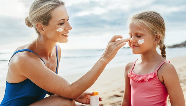 Elderly Woman and Young Girl Applying Sunscreen on Beach in Bright Summer Scene