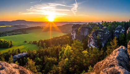 Bastei Bridge at sunrise in Saxon Switzerland National Park.