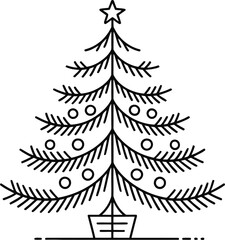 Fototapeta premium Simple line drawing of a christmas tree with ornaments and a base