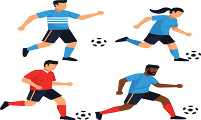 Soccer players in dynamic action poses, diverse uniforms, football athletes running, kicking ball, sports teamwork, competition, energy, athletic performance illustration