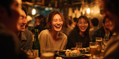 Laughing woman surrounded by friends enjoying meal with beer and sushi in an izakaya setting, concept for social gathering, casual dining and happy hour