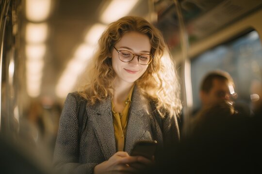 Young female project manager with glasses using smartphone inside a train carriage, concept for mobile technology, urban lifestyle and digital communication