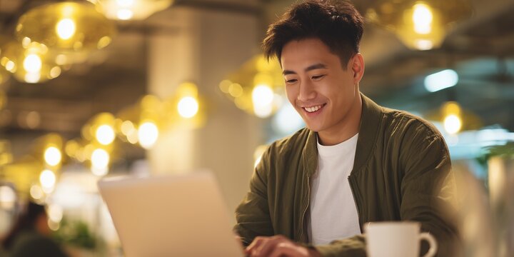 Smiling asian man working on laptop with bokeh light background, concept for online communication, social media marketing and remote work flexibility - Powered by Adobe