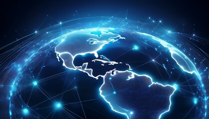 a glowing blue digital representation of earth continents are illuminated with nodes connected by curving lines suggesting global networks
