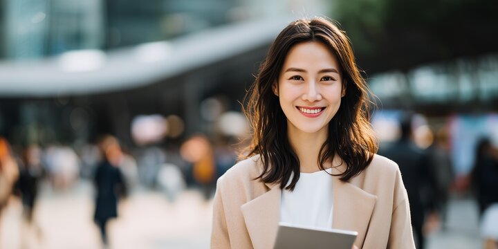 Smiling young Asian female entrepreneur holding a tablet in a modern city setting, concept for financial technology adoption, digital transformation strategy and business process modernization