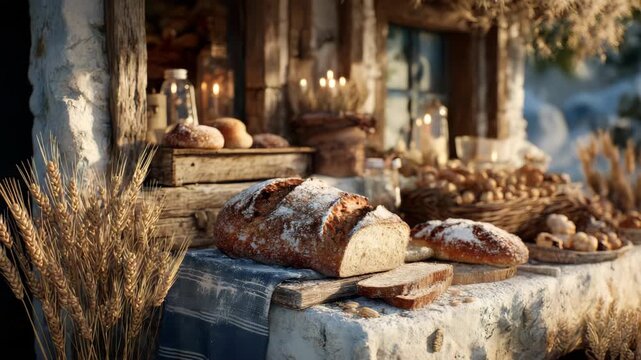 Rustic bread display with freshly baked loaves and wheat stalks on a wooden table