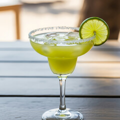 Margarita with salt rim, refreshing, on a wooden table
