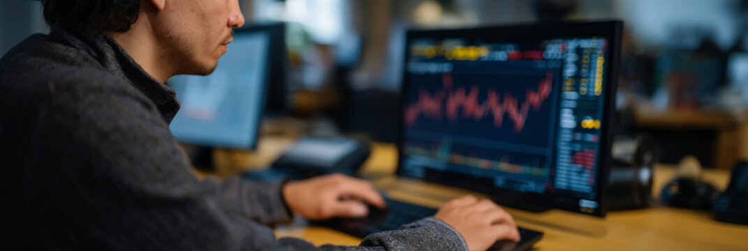 A male financial analyst sits at his desk in an office, intently analyzing graphs and data on two screens, showcasing the importance of data in modern finance and investment.