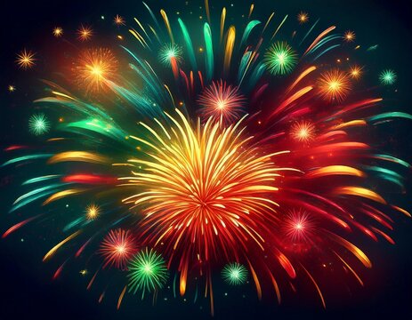 burst of fireworks with green red yellow sparks exploding in a dark night sky