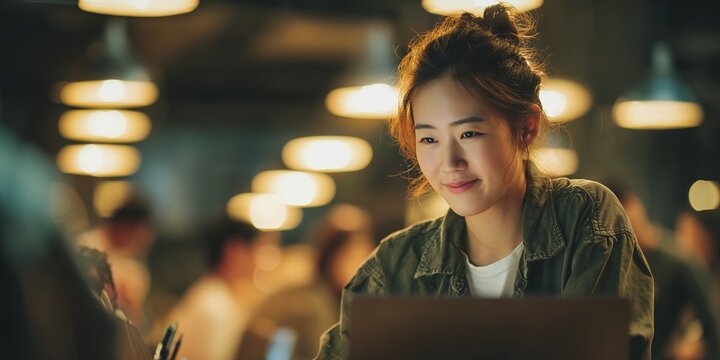 Smiling Asian woman working on laptop in a co-working space under warm lights, concept for freelance work, online education and collaborative projects