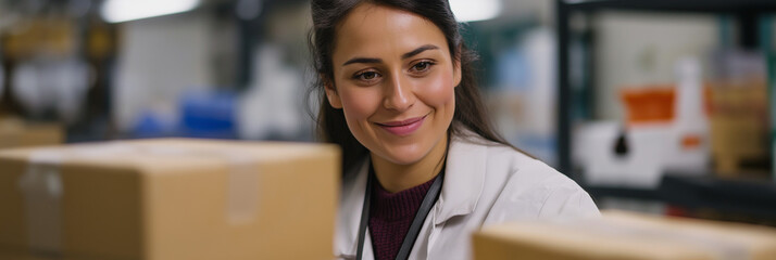 A smiling woman in a lab coat inspects packages in a warehouse environment, emphasizing the importance of logistics and quality control in product management and distribution.