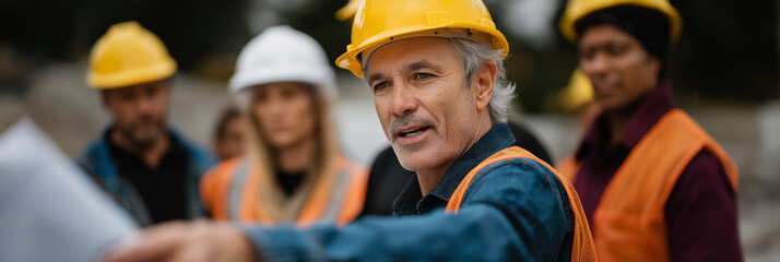 Fototapeta premium A construction leader engages with his team in a briefing, emphasizing safety and planning strategies for their ongoing project at an active work site.