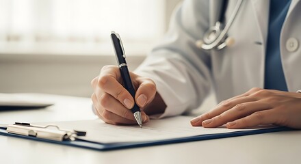 Close up of a doctor wearing a white coat and stethoscope writing on a medical chart with a pen