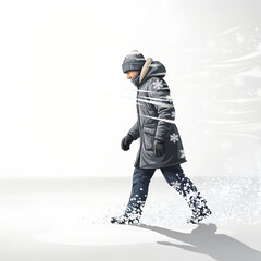 Person walking in a blizzard on a white background, copy space