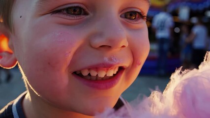 A boy enjoys a fluffy cotton candy while at a vibrant fair, creating a cheerful atmosphere. The boy holds the cotton candy close, savoring the sweet treat and vibrant memories.
