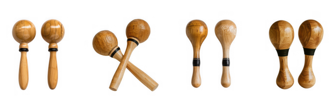 Four pairs of wooden maracas, musical instruments, isolated on transparent background