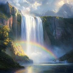 Fototapeta premium Bright rainbow over powerful waterfall high resolution picture