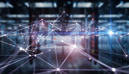 Abstract Digital Network Connection in Modern Data Center with Bright Light Effects