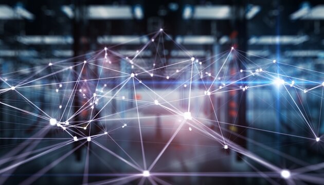 Abstract Digital Network Connection in Modern Data Center with Bright Light Effects