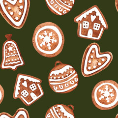 Christmas Cookies on Green Khaki seamless pattern