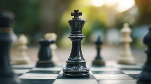 Chess pieces are arranged on a checkered board during an outdoor game. The black king stands in the center, surrounded by various pieces under a warm, sunny light.
