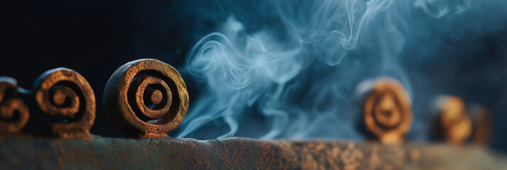 An artistic close-up image capturing swirls of smoke curling gracefully against a dark backdrop, revealing a captivating blend of texture and abstraction in visual art.