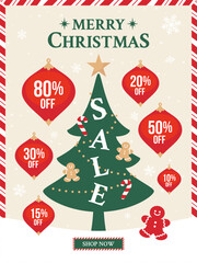 Merry Christmas sale poster vector illustration. Red Christmas ball ornaments with Christmas tree