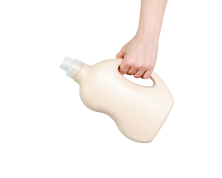 Isolated Hand Holding Beige Laundry Detergent Bottle on Transparent Background. Concept of Eco-Friendly Packaging, Sustainable Cleaning Products, and Home Chores for Household Branding Projects