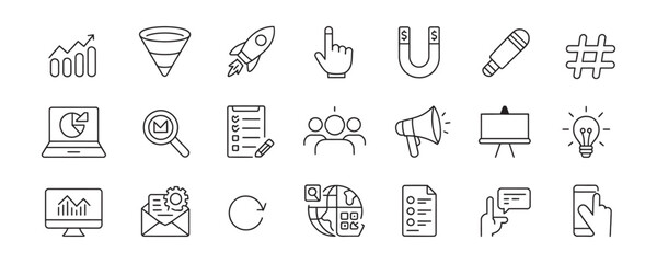 Boost your marketing strategy with this set of digital icons featuring growth charts, funnels, and engagement tools for your next project