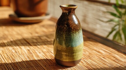 A handcrafted ceramic vase stands on a bamboo mat, showcasing earthy tones of green and brown. Soft sunlight creates warm highlights, enhancing its beauty and craftsmanship.