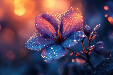 A mystical purple flower adorned with sparkling dewdrops and a glowing spiderweb, bathed in the soft morning light and warm bokeh.