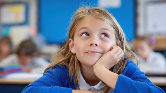 A young girl sits in a classroom, resting her chin on her hand, lost in thought while her classmates focus on their work in the background during a lesson.