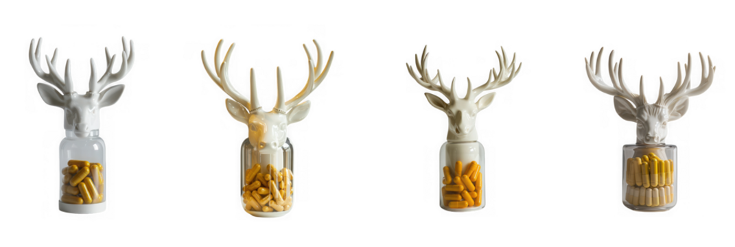 Four decorative deer head bottle stoppers with golden contents isolated on transparent background