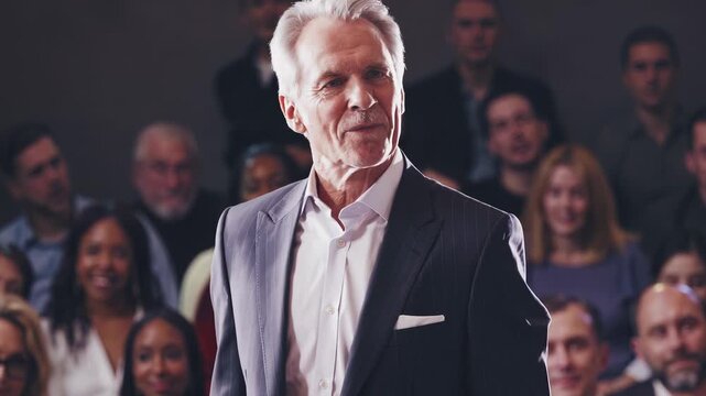 A man stands confidently at the forefront of a gathering, addressing an attentive audience. The man, dressed in a suit, conveys important insights to the engaged crowd around him.