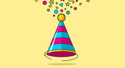 Whimsical Party Hat Spinning with Colorful Confetti Explosion Celebration and Fun Illustration