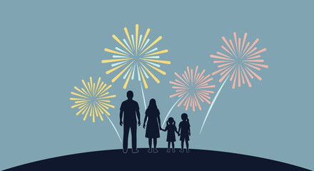 Family Silhouette Watching Festive Fireworks Display on a Clear Night Sky Celebrating Joyful Moments and Special Occasions