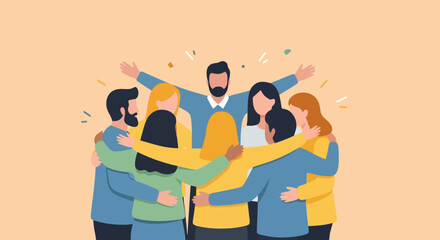 Diverse Group of People Embracing in Unity and Celebration Symbolizing Teamwork and Belonging