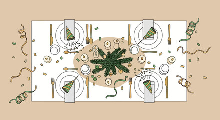 Festive Holiday Dinner Party Table Setting with Christmas Tree Centerpiece Confetti and Crackers Top View Illustration