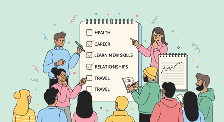 Diverse Group Setting Goals Together Health Career Skills Relationships Travel Strategic Planning Motivation Illustration