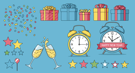 Happy New Year Celebration Icons Gifts Clocks Confetti Stars and Toasting Champagne Glasses Vector Illustration