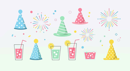 Festive Birthday Party Elements Collection Hats Drinks and Fireworks Vector Illustration