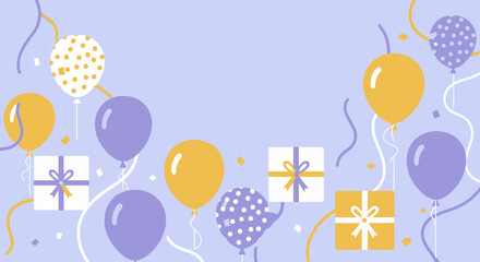 Festive Birthday Celebration Background with Balloons Gift Boxes and Confetti Light Blue Yellow and Purple Party Decor