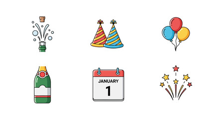 New Year Celebration Icons Champagne Balloons Party Hats Fireworks Calendar and Bottle