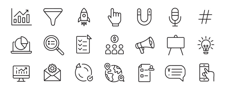 Modern digital marketing strategy icons showcasing data analytics, lead generation, and global communication for business growth and success - Powered by Adobe